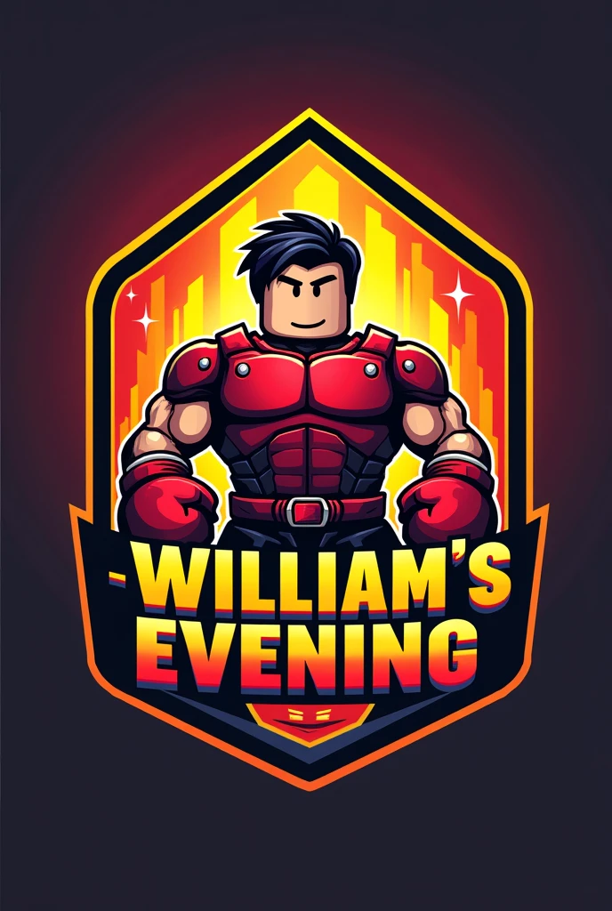 logo of a boxing tournament that has as its title "William's evening" (suspended, red and yellow color), (Roblox character) with a technological and modern theme, with a simple house in the background