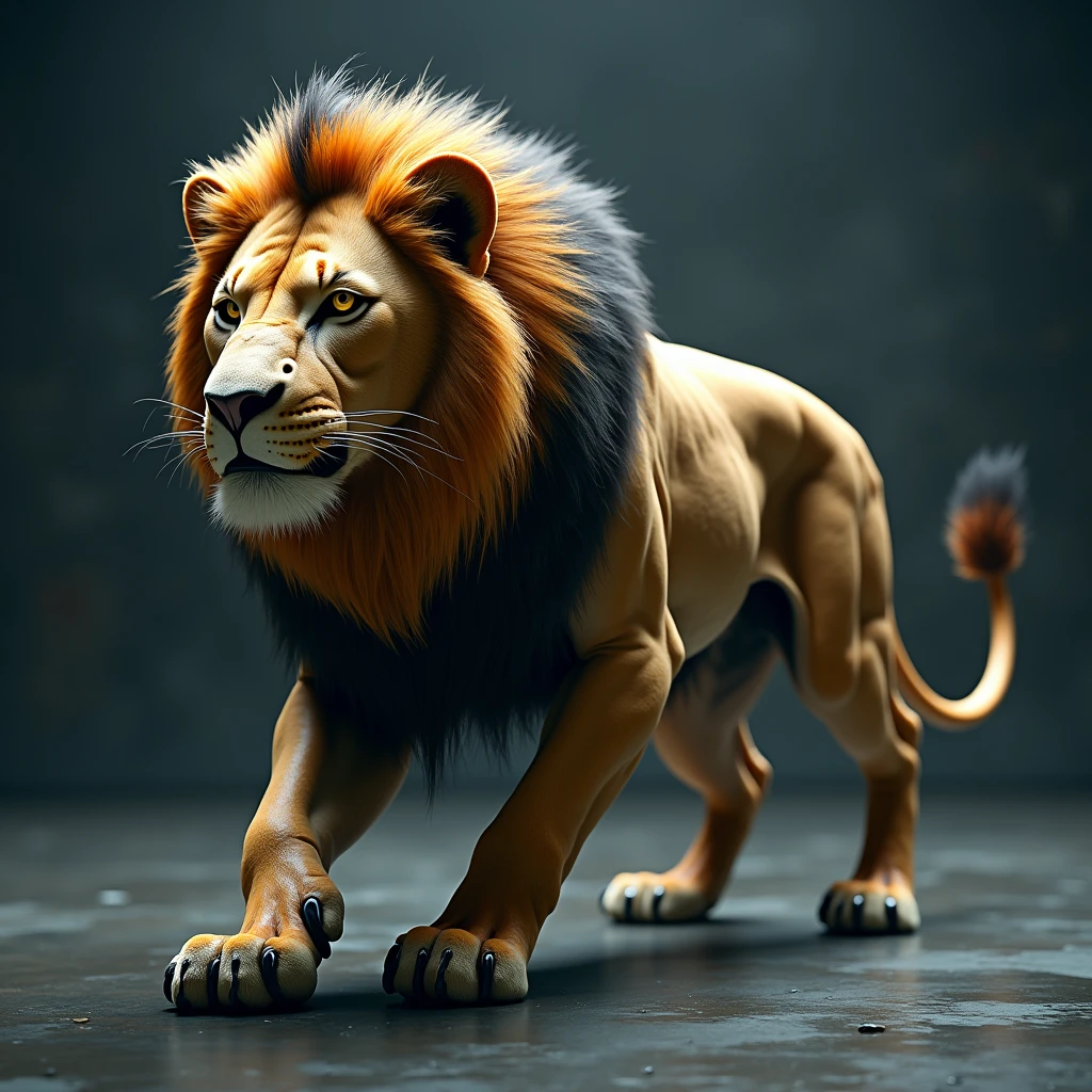 a fierce majestic lion hybrid with a sleek BMW body, highly detailed, photorealistic, 8k, best quality, ultra-detailed, dramatic lighting, moody atmosphere, cinematic, dynamic pose, exquisite textures, glossy metallic accents, golden mane, piercing eyes, powerful muscular form