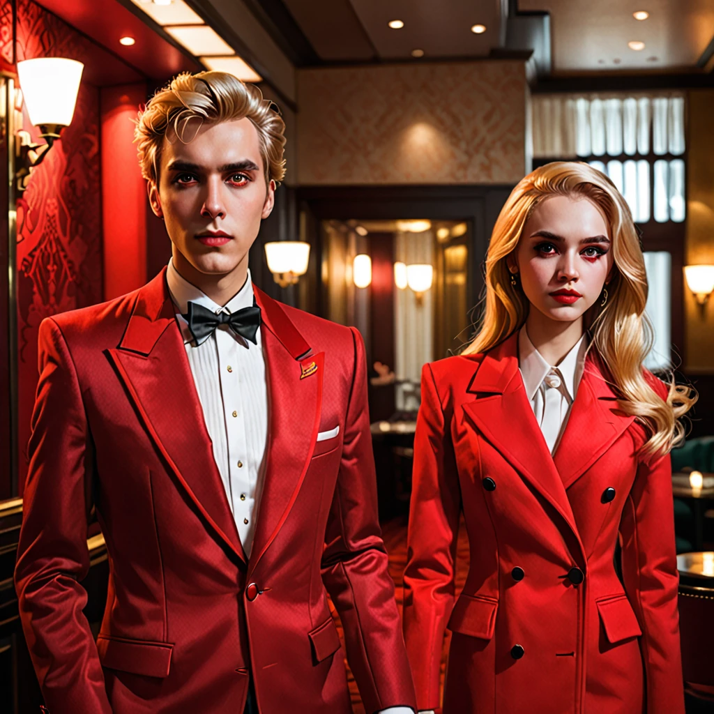 1alastor,red hair,red eyes, red coat,
1charlie morningstar,blonde long hair red suit
Couple,
Hazbin hotel,
Ultrarealistic,