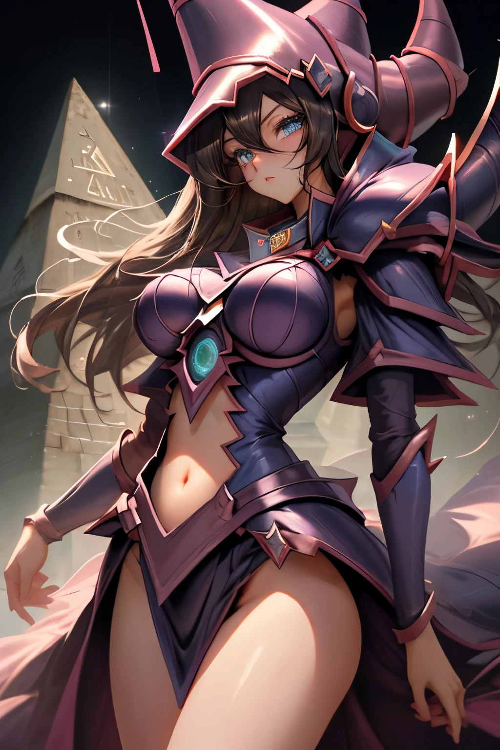 (masterpiece), (dark magician girl), (long hair, dark hair), (detailed eyes), (blue eyes), (detailed face), (perfect body), (big breasts), (coquettish), (pyramid background), (high quality), (4k), (ultra high quality), award winning ai art