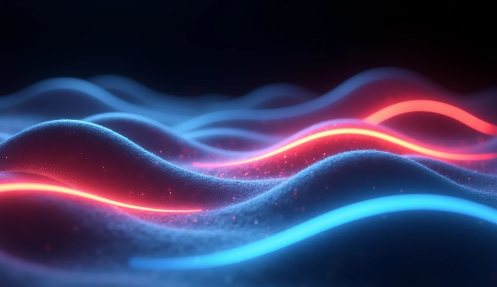 A black background, NEON lights colored like waves