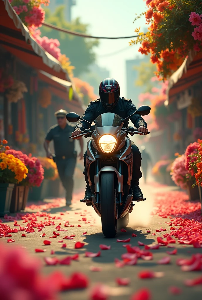 Police running behind a thief to catch him while he rides through a flower market on a sunday evening