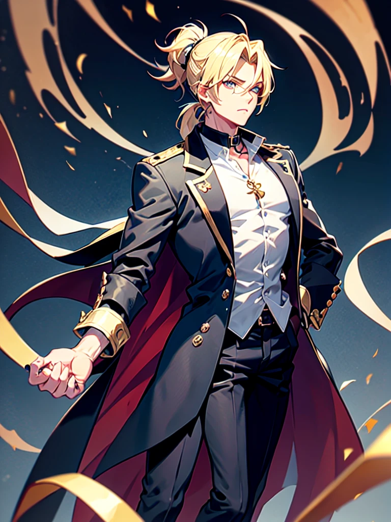 Anime attractive man, 20 year old, blonde hair, very very short ponytail, tall, muscular, solo, one person, dark blue gold-accented high-collared dress shirt with rolled up sleeves, black choker, dark blazer with gold lining and buttons unbuttoned with rolled up sleeves, long dark overcoat with a fur trim, rolled up sleeves, rolled up sleeves, rolled up sleeves, rolled up sleeves muscular, masculine face.