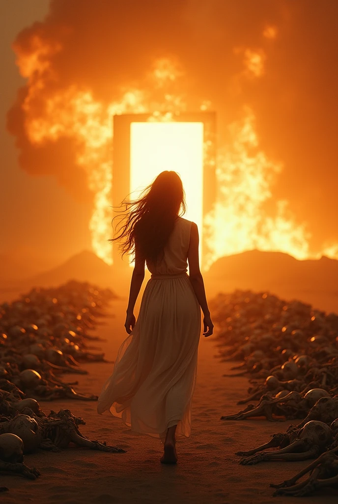 Panoramic photo of a woman with brown hair from behind advancing on the burning ground strewn with skeletons and in front of her a bright divine protective light directing her towards a door of peace and love