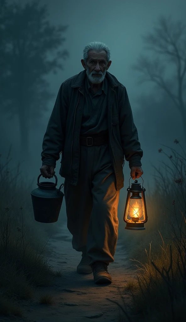 An old man carrying water pitcher in one hand, a lantern in other hand on the way at night, darkness 