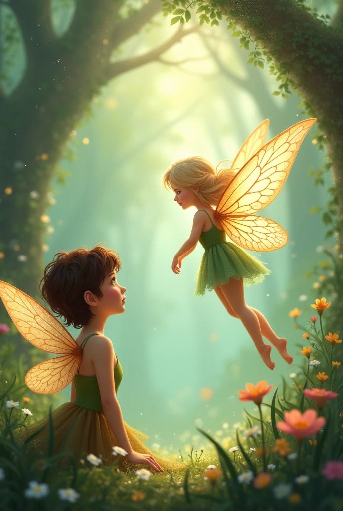 The fairy with brown hair noticing and observing the fairy with a blonde hair down while flying