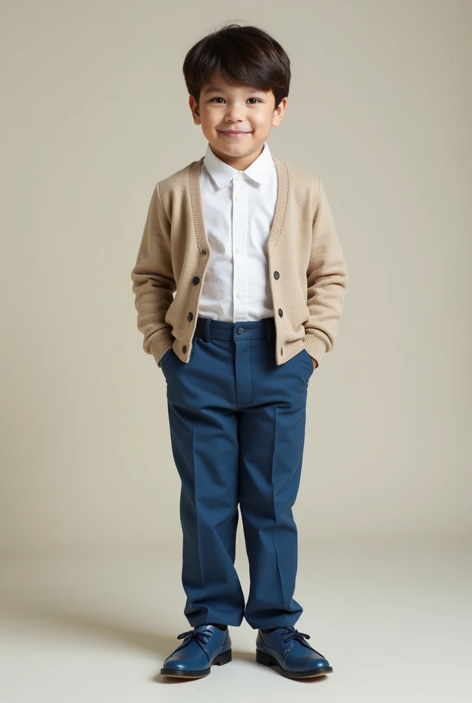 (realistic photo)  boy in white shirt, Chompa beige, blue pants and shoes (elegant)