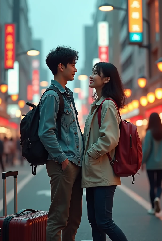young people in love , Japanese couple, Young men, PICTURE REALISTIC.going to travel .
