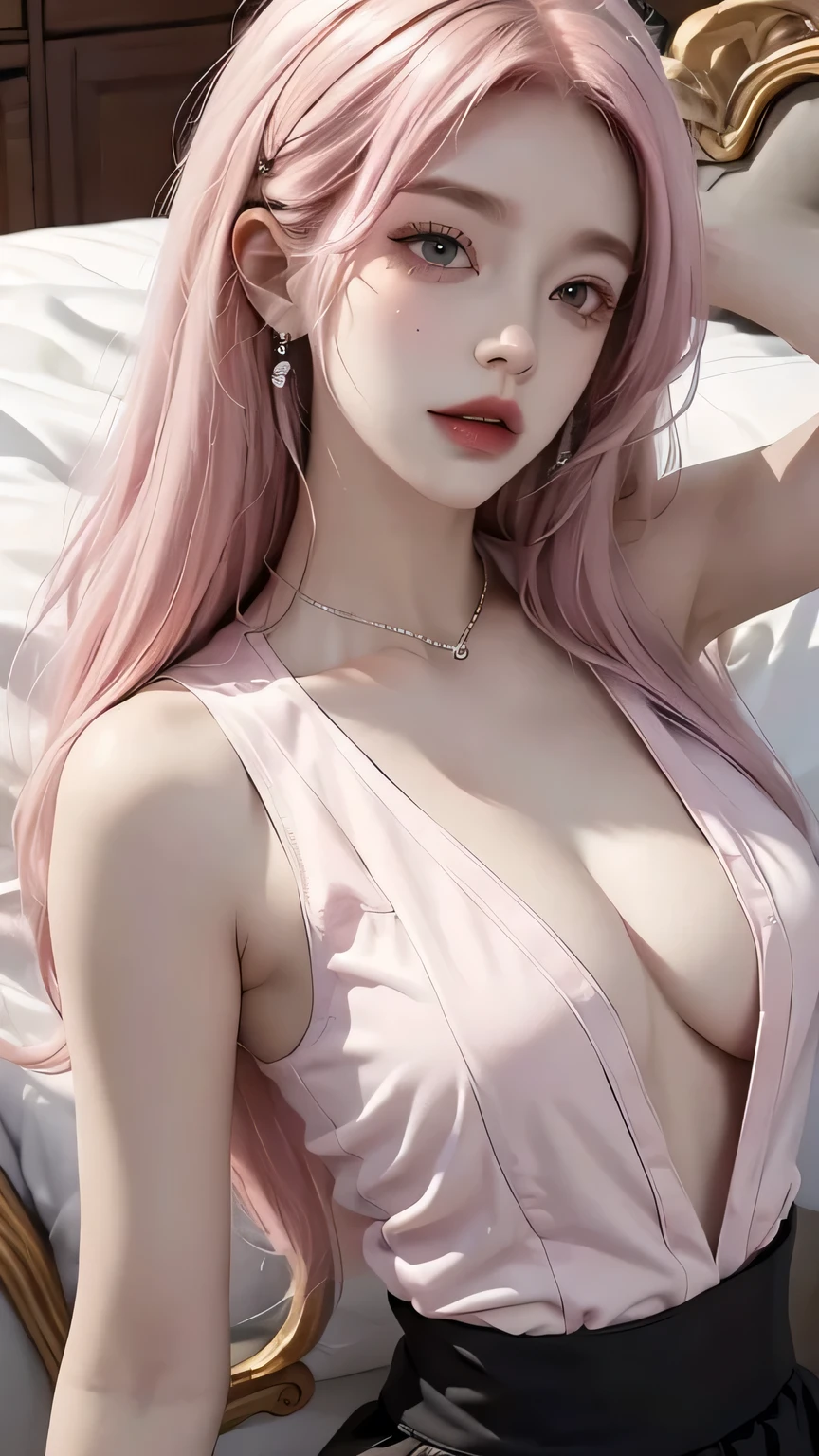 Sexy vest,Pink hair sleeps on a big bed of roses with sparkling diamond gems , Medium chest