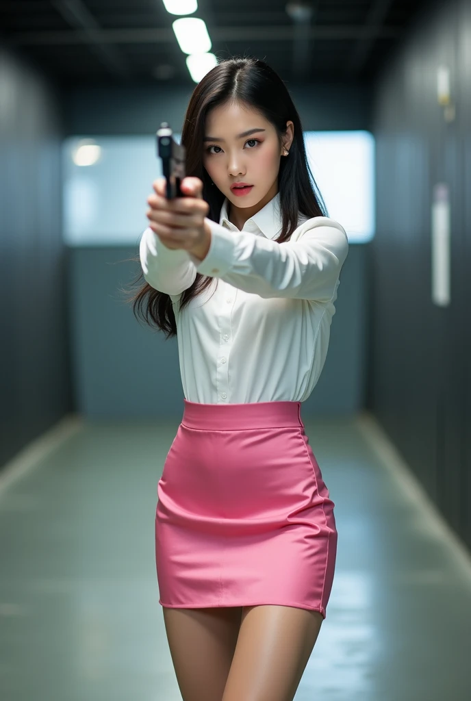 real person realistic beautiful korean office lady white shirt tight mini skirt satin pink colour stance legs open spreading arms straighten full portrait gun sexy legs aiming target practice pointing at you firing indoor shooting range
