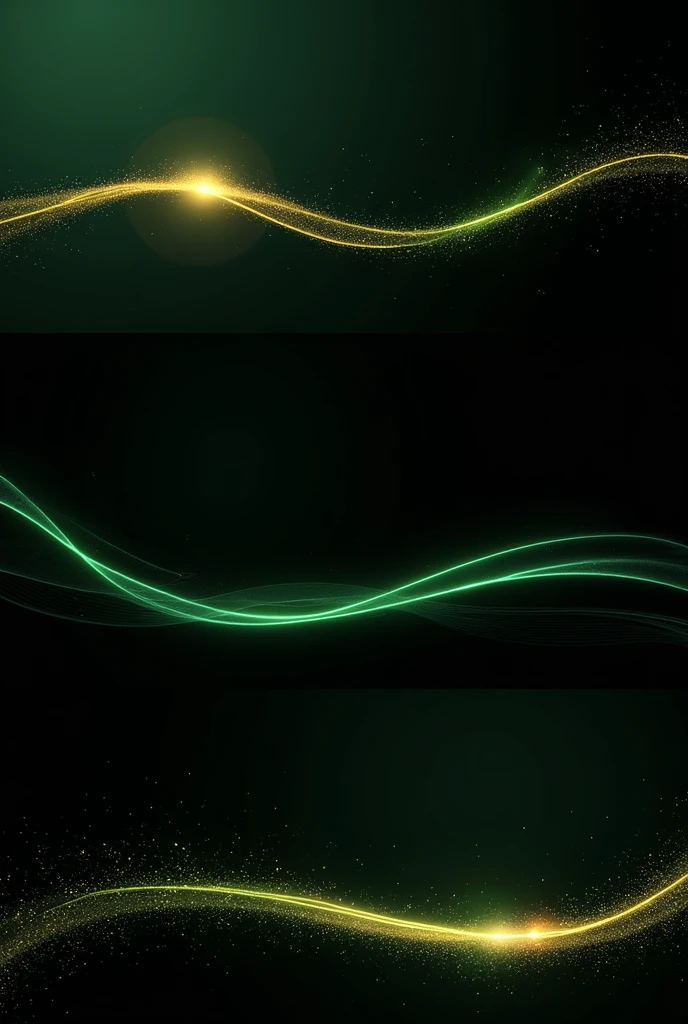 Create 3 horizontal abstract background designs to use as slides at an awards ceremony (one for the title of the session, 1 as a category presentation and one for the winner presentation), that has a black background and a shiny thread at the bottom in green #008D61 and golden sparkles