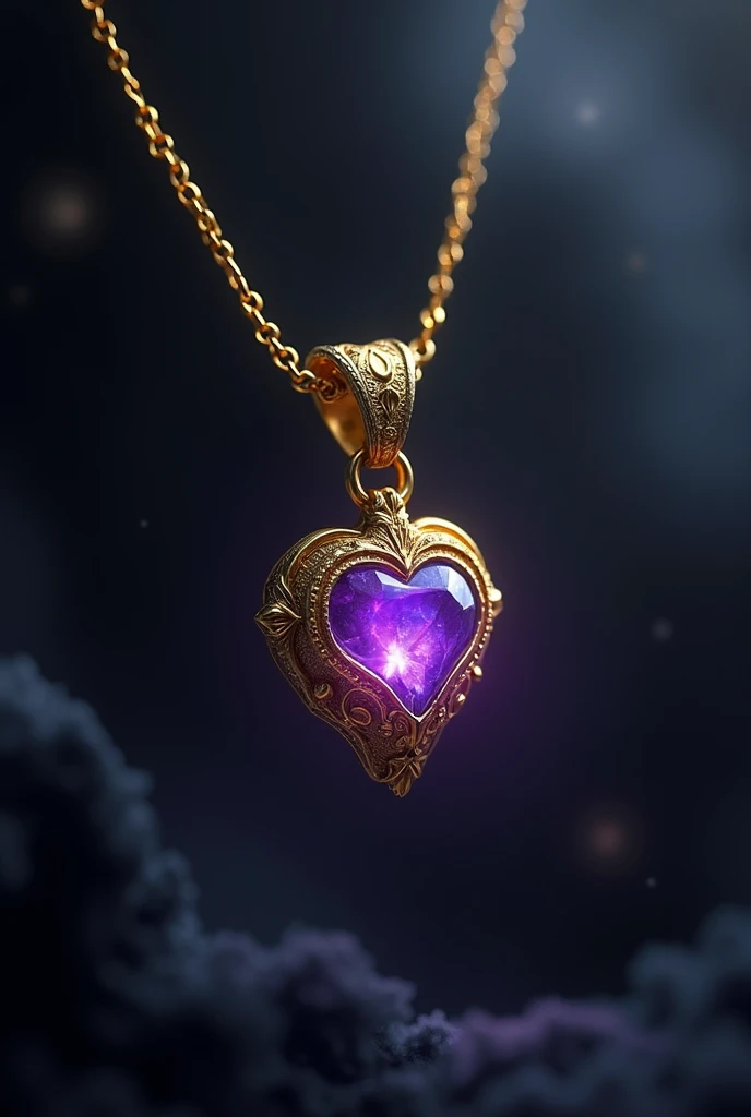 Magical gold necklace with a tiny, shiny violet stone inside, Black background, dark and gloomy background. 