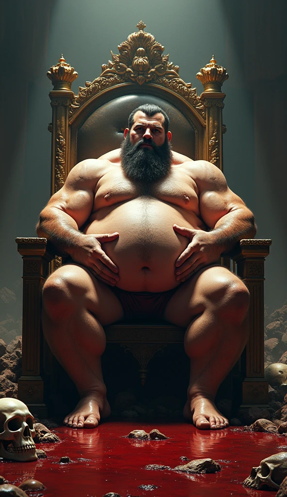 god standing ,royal hall, pool of blood chubby, hairy, hairy belly, Holding your big belly, high resolution, ultra-detailed, sharp focus, detailed eyes, symmetrical eyes, expressive eyes, clear pupils, focused gaze , king's expression is intimidating with a sense of authority, solo, masterpiece, best quality, male, mature, manly, detailed nipples, detailed navel, photorealistic, 8k, (wide dynamic range, hdr:1.2), sitting, (night:1.2), light, looking at viewer, pose, fitted underwear with a very large, realistic bulge at the front, emphasizing the natural shape, detailed fabric texture, soft shadows highlighting the contours, emphasizing the natural shape, detailed fabric texture, Blood, bones and human skulls on the ground, soft shadows highlighting the contours ,full body, spread legs,, leaning back, hell, very short fur, detailed skin texture, high contrast lighting, feet