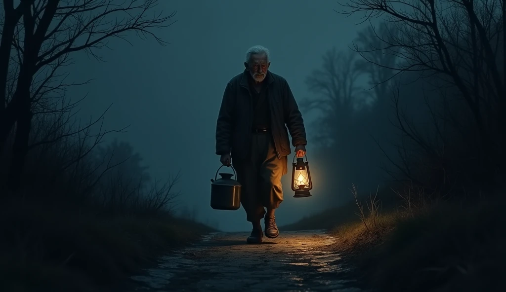 An old man carrying water pitcher in one hand, a lantern in other hand on the way at night, darkness