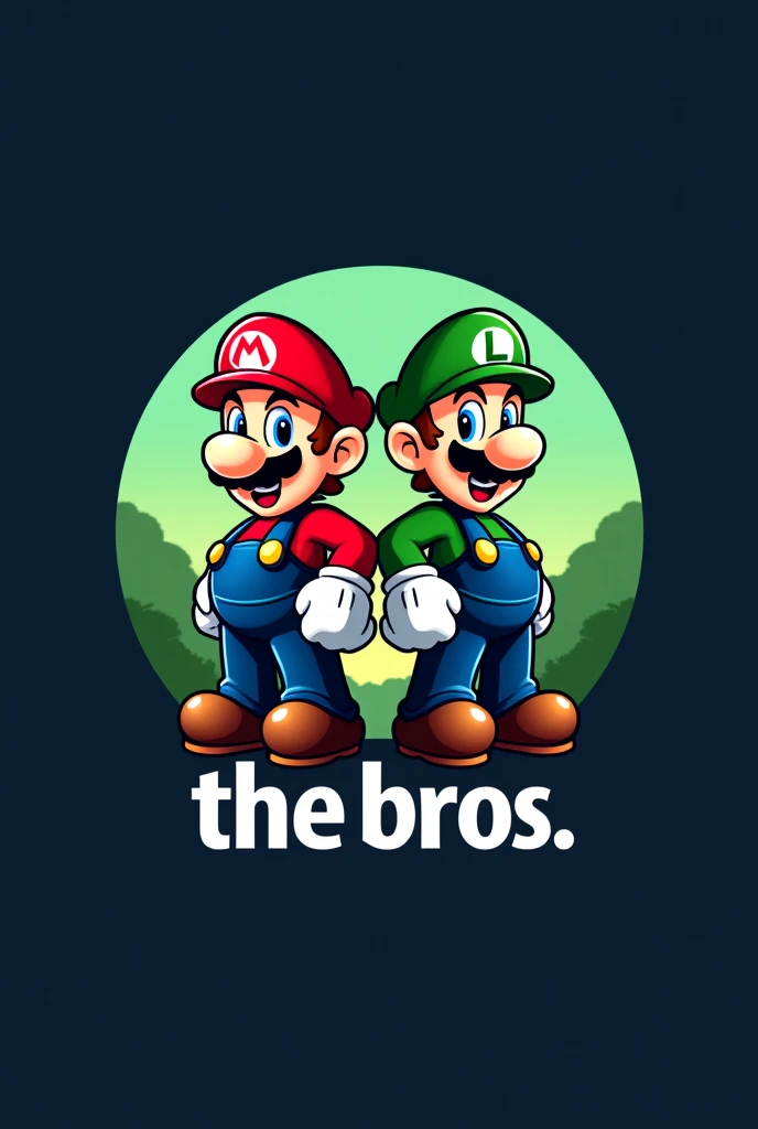 Make a round Mario bros logo that says at the bottom "THE BROS" With the letters of Mario Bros, and this Luigi and Mario with a dark blue and green background