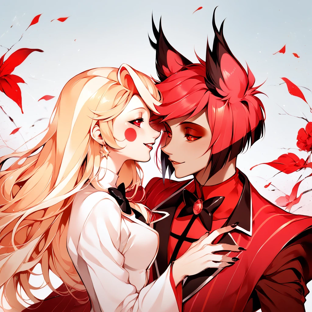 1alastor,red hair,red eyes, red coat,
1charlie morningstar,blonde long hair red suit
Couple,
Hazbin hotel,
Ultrarealistic,