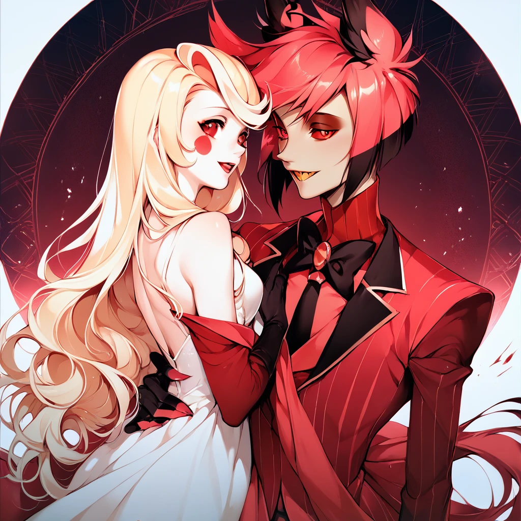 1alastor,red hair,red eyes, red coat,
1charlie morningstar,blonde long hair red suit
Couple,
Hazbin hotel,
Ultrarealistic,