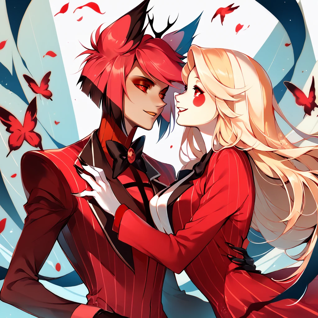 1alastor,red hair,red eyes, red coat,
1charlie morningstar,blonde long hair red suit
Couple,
Hazbin hotel,
Ultrarealistic,