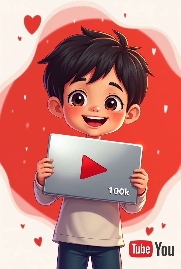 Ek aisa tasvir banao jisne ek baccha ke hath mein silver play button ho aur upar YouTube ka logo ho aur 100k likha hua ho background mein red aur white ka combination ho