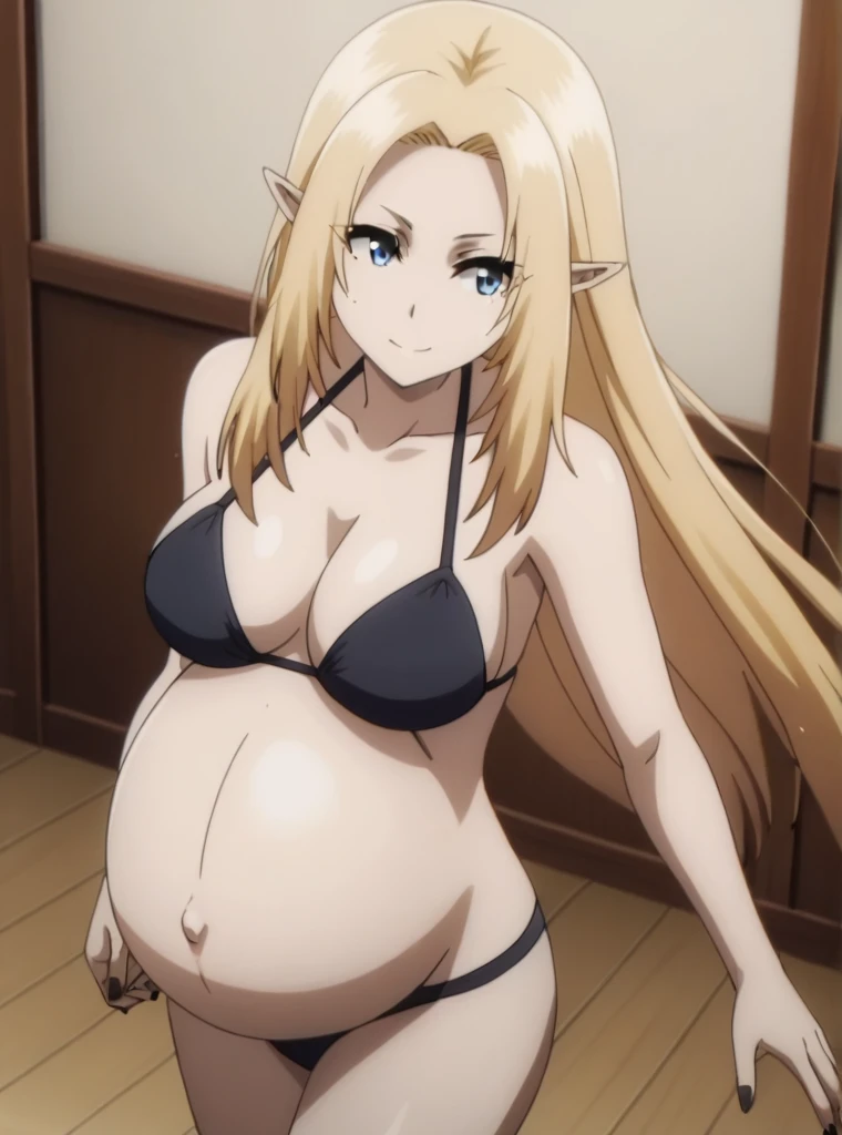 score_9, score_8_above, score_7_above, score_6_above, score_5_above, score_4_above, alpha, alfa, The Eminence in the Shadow, long blonde hair, Waist length hair, Smooth and silky hair, clean bangs, bright blue eyes, Pale skin, ethereal, regal, compound expression, 1 girl, Alone, broad, pointy ears, looking ahead, smiling,
big breasts, pregnant, huge belly, big belly, belly button, Posing, bikini, panties, inside, black nail polish, rubbing the belly, playa, running,
high quality, Best Quality, ultra detailed, masterpiece, Whole body, animated style, high quality, ultra detailed, beast quality,
looking at the viewer, dutch angle, cowboy shot,