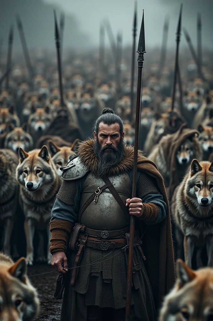 Army of gray and brown wolves, and immaculate soldier men, ancient soldiers. Together united, hundreds of thousands