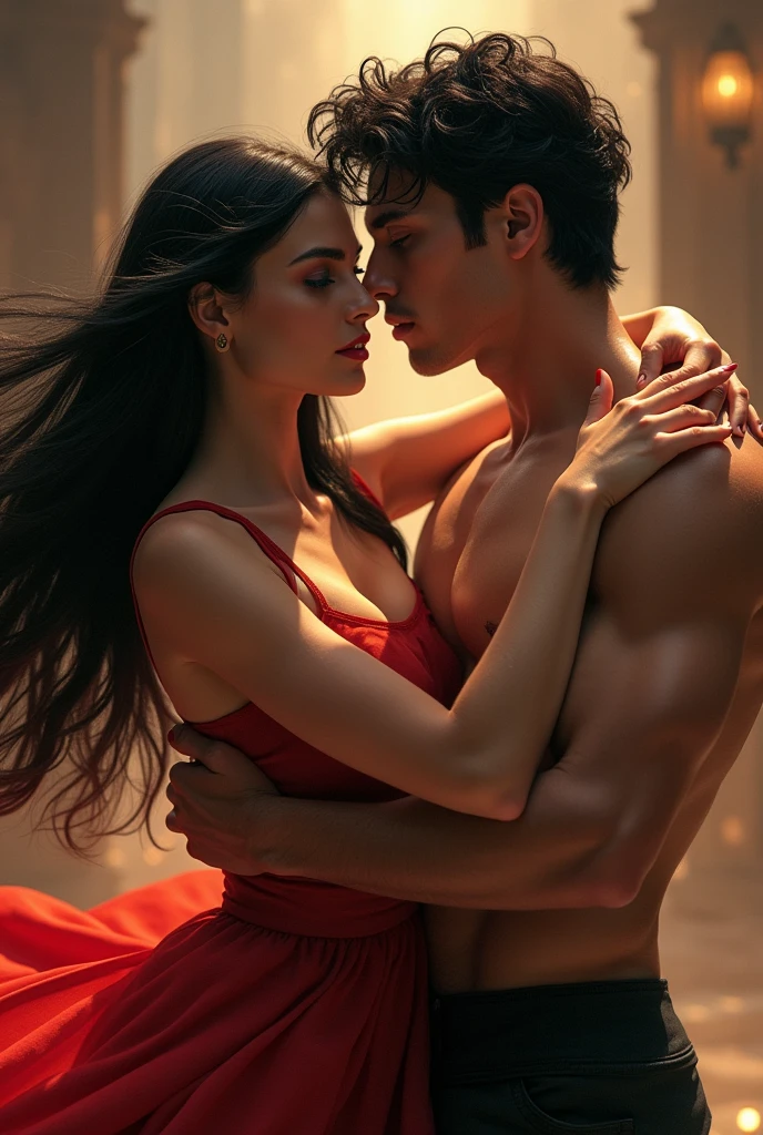 woman, 26 years, long black hair, blood red lips, green eyes, dancing intensly with a muscular young man with blue eyes and dark hair