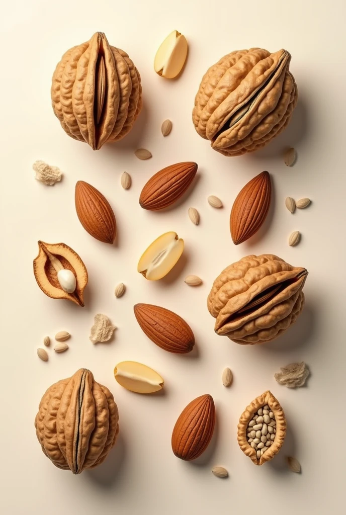 Create a picture of nuts and seeds consisting of walnuts, almonds,  Pine nuts, Sesame on a neutral background