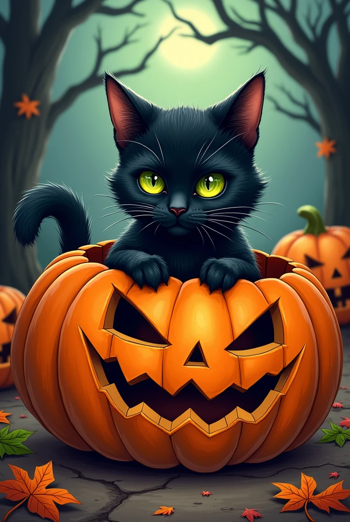 Black Cat in a carved pumpkin looking over the rim comic