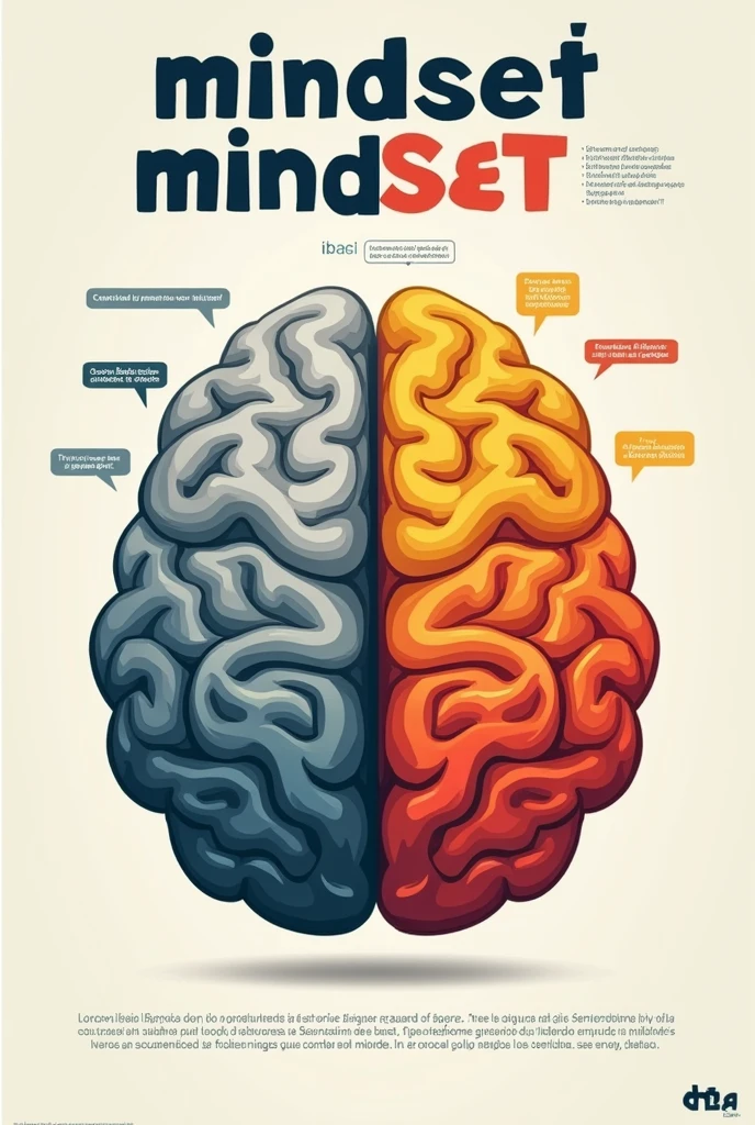 Make a poster about "HOW CAN CHANGE MINDSET?", it will have a brain with two parts, one colored and the other gray, In the gray part there will be negative sentences in Portuguese and in the colored part the sentences from the gray part but adapted in a positive way in English., with a very beautiful title among them