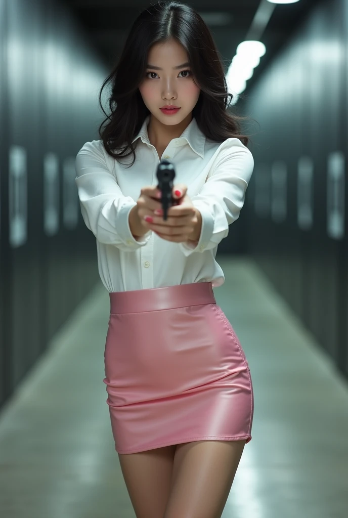 real person realistic beautiful korean office lady white shirt tight mini skirt satin pink colour stance legs open spreading arms straighten full portrait gun sexy legs aiming target practice pointing at you firing indoor shooting range 