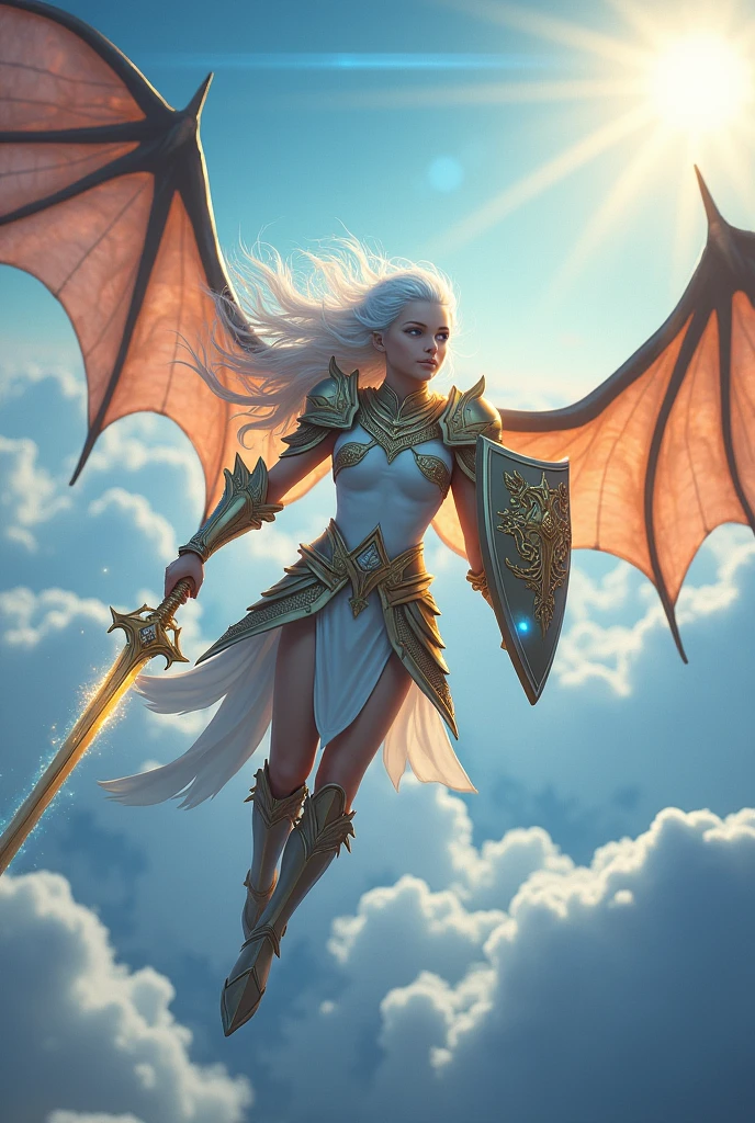 Create an image of a sky elf with bat wings paladin aged 20