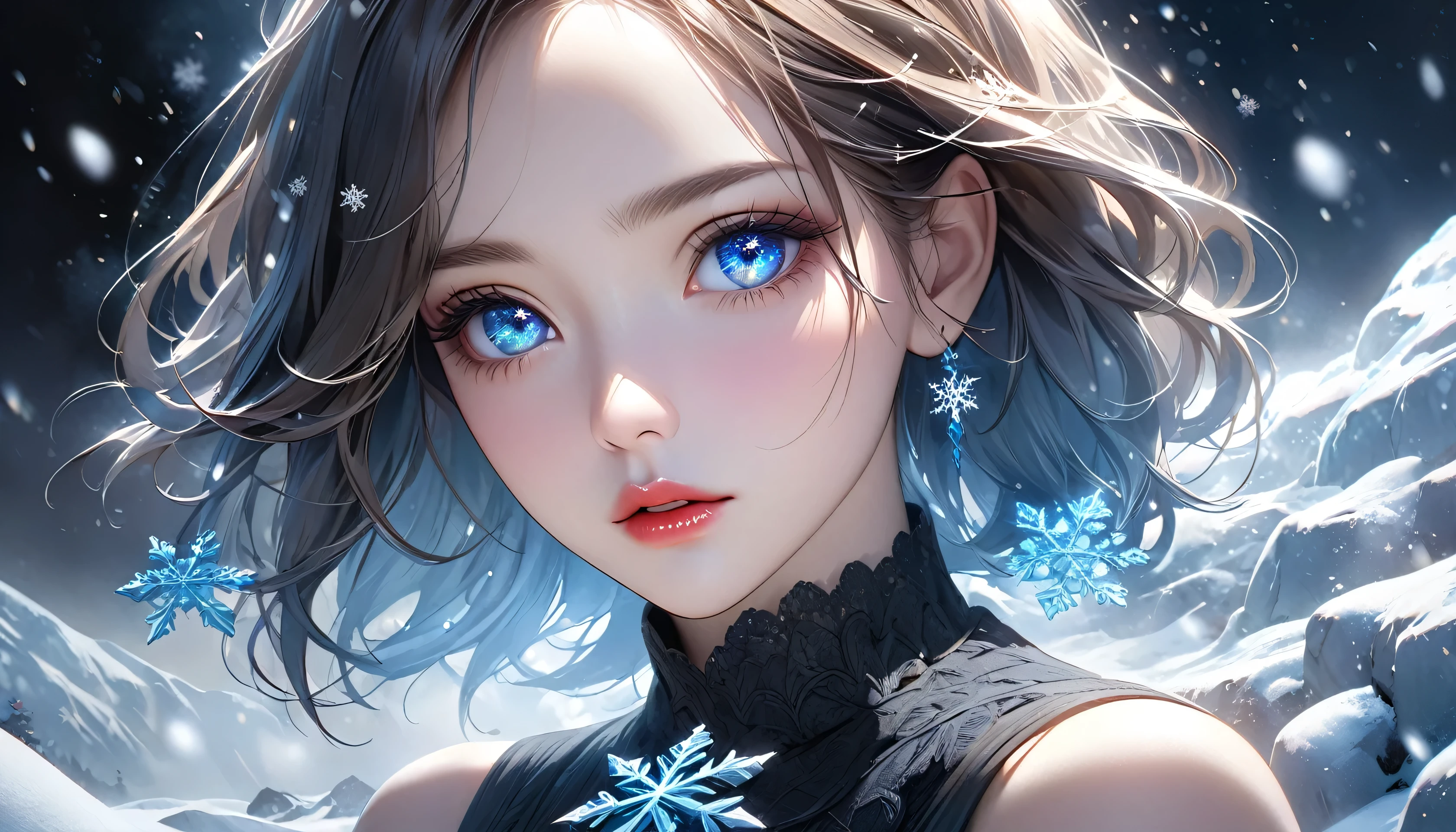 snowy landscape, dark canvas, Transparent sparkling snowflakes falling, Transparent holographic reflection, 눈송이로 이루어진 초realistic 풍경, Make viewers speechless, A beautiful world, 1 woman, detailed eyes, detailed lips, very detailed face, long eyelashes, Beautiful and detailed portrait, elegant, tranquil expression, winter, high quality, 8k, realistic, surrealism, studio lighting, Physically Based Rendering, vivid colors, movie lights, dramatic lighting, soft lighting, dramatic contrast, Glowing snowflakes, icy, winter 왕국, cold, obvious, ethereal, dreamlike, occult, magical, fancy, concept art