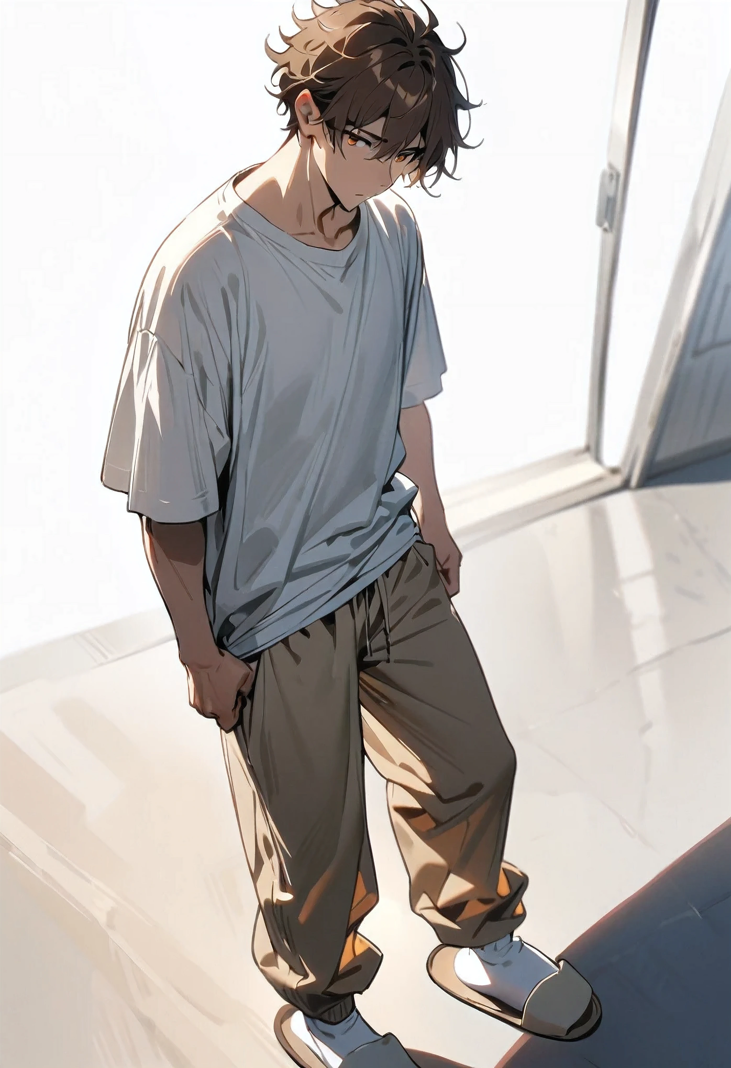 masterpiece, best quality, perfect lighting, high resolution, 1 guy, very tall, handsome, brown hair, messy hair, wolf cut hairstyle, amber eyes, white baggy shirt, baggy beige khaki pants, white socks, slippers, tired demeanor, full body view, white background