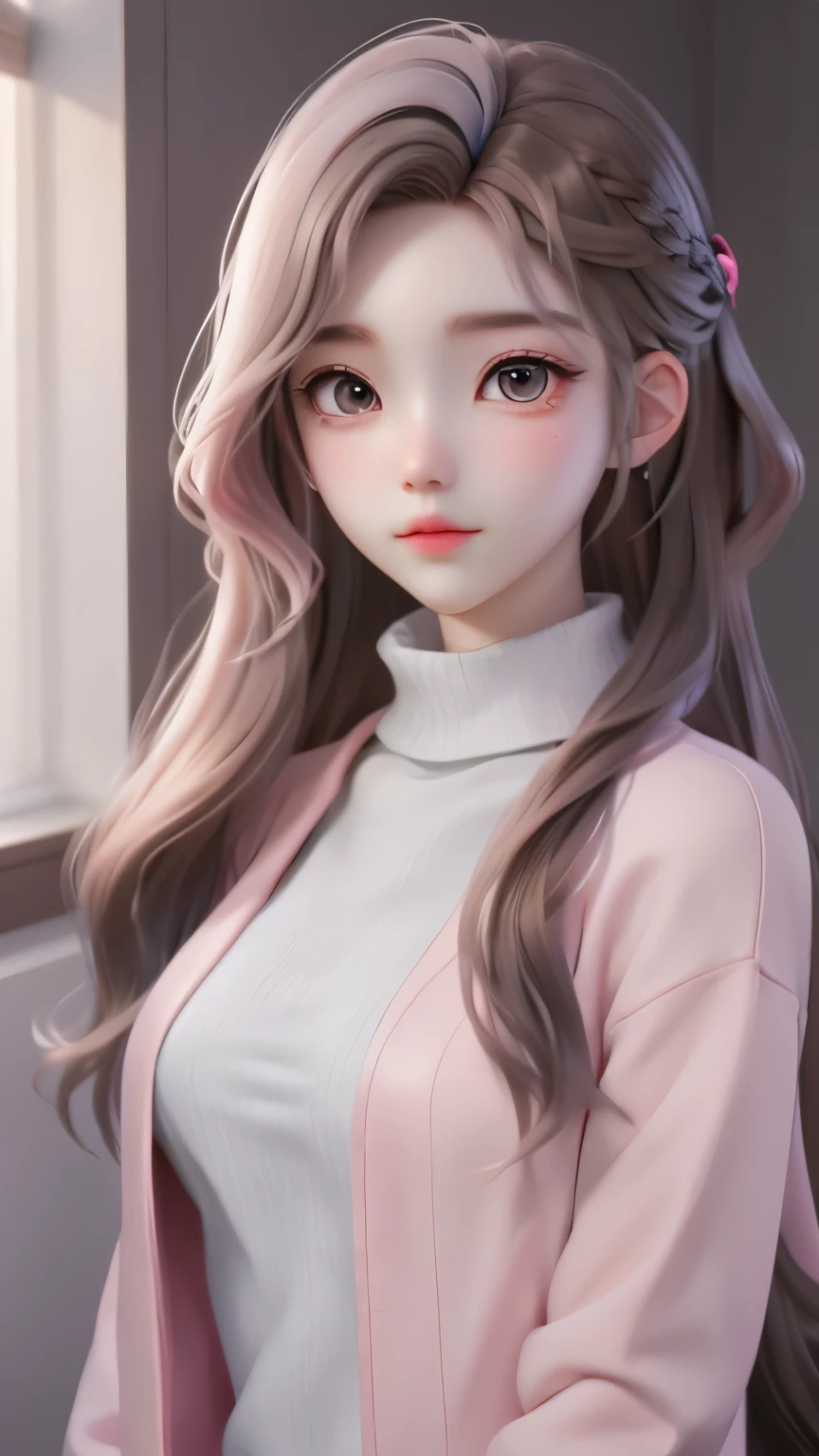 anime girl, long brown hair, gray eyes, Sharp features, white skin, pink lips, wavy hairstyle, sweater, brown jacket, 8k