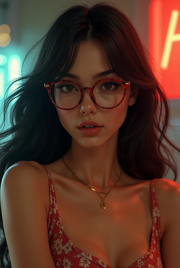 Female character black hair dark brown eyes wearing 70's clothing with glasses ,of medium build