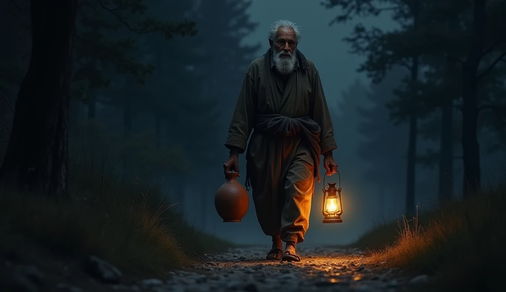 An old man carrying clay pitcher in one hand, a lantern in other hand on the way at night, darkness