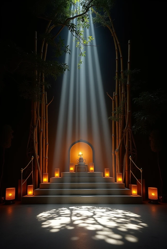 To implement the "magical light and shadow play" theme you can follow the following steps 1. Mandapam Environment:
- **Use a black curtain or cloth behind the stage**: This will help create shadows.
- **Lighting should be managed properly**: Lights should be placed in such a way that the shadow of the light falls on different parts of the mandap. You can use circular or triangular lighting, which will create shadow play 2. Light Type:
- **Candles and Lamps**: Use lots of candles and earthen lamps around the main mandap. This light will naturally produce soft and sweet shadows.
- **Small LED lights**: Place some small LED lights inside the mandap and around the idol. The light on these will be a little weak but will bring out the shadow play.
- **Laser Light**: You can create light shadows on different parts of the statue using laser light or spotlight. Special effects can be created with the play of light on the statue's face or hands in particular.
3. Creating Shadows:
- **Cut Foam or Cardboard**: You can use cut foam or cardboard to create the shape of the shadow. For example, the play of shadows can be enhanced by creating small symbols of gods and goddesses, leaves, or tree shapes.
- **Using Light Projector**: If possible, you can create special shadow effects with Light Projector. It can cast shadows on the wall or different parts of the mandap by projecting light.
5. Decoration of entrance and mandap:
- **Entrance soft lighting**: Place soft lighting in the entrance, which will bring visitors into the magical atmosphere.
- **Create long shadows**: Place long objects (such as bamboo or tree branches) around the pavilion, which will deepen the shadow effect.
This theme will help to create magical atmosphere in the pooja mandap, which will awaken spiritual feelings in the devotees.