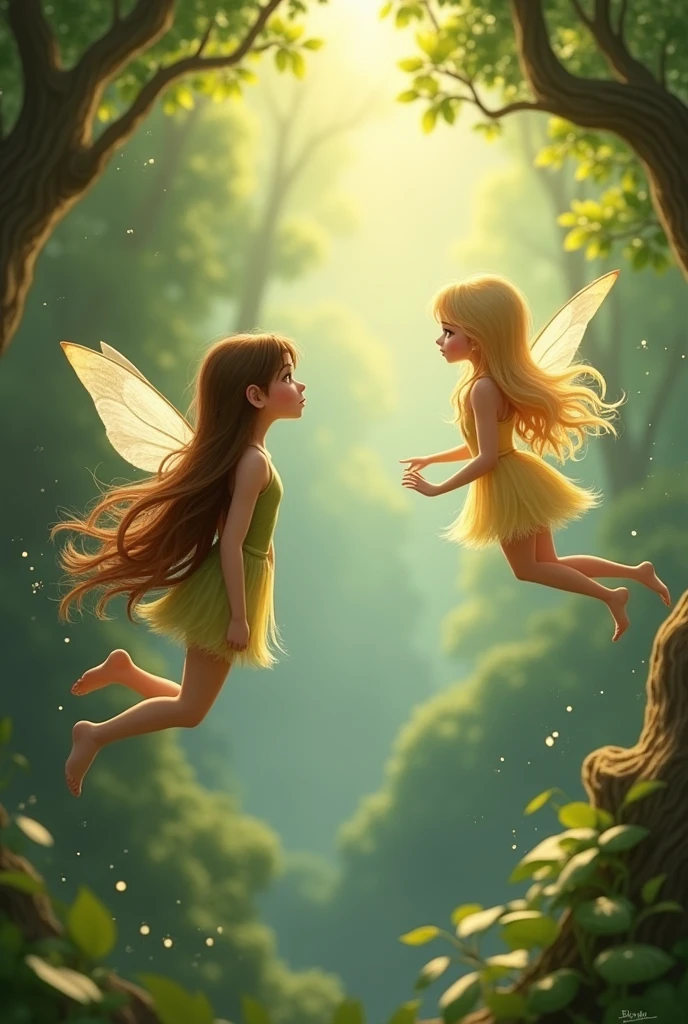 The fairy with long brown hair noticing and observing the fairy with a long blonde hair while flying