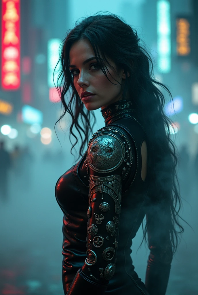 With mysterious, iridescent glyphs etched into her leather and metal-clad body, a sci-fi space vampire exudes an eerie aura in a neo-noir photograph. The image, reminiscent of a cinematic photograph, captures a beautiful woman standing amidst a haze of steam and energies, her piercing eyes glowing with supernatural power. The intricate details of its elaborate mechanical Borg arm showcase exquisite craftsmanship, while the flickering neon lights in the background of a futuristic city add to the atmospheric ambiance. This high-quality image masterfully combines fantasy and futuristic elements, drawing viewers into a world of dark magic and technological marvels.