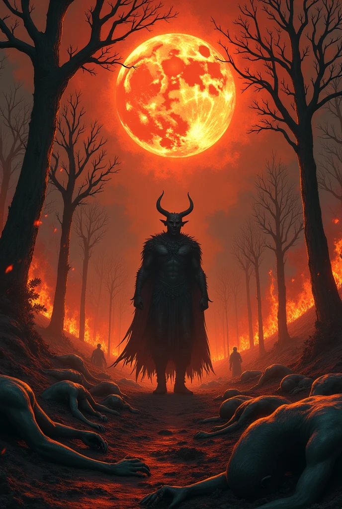 apocalyptic scene, The devil laughs from the earth at night, The moon is burning, Angels lie on the ground, Trees are burning, People scream.