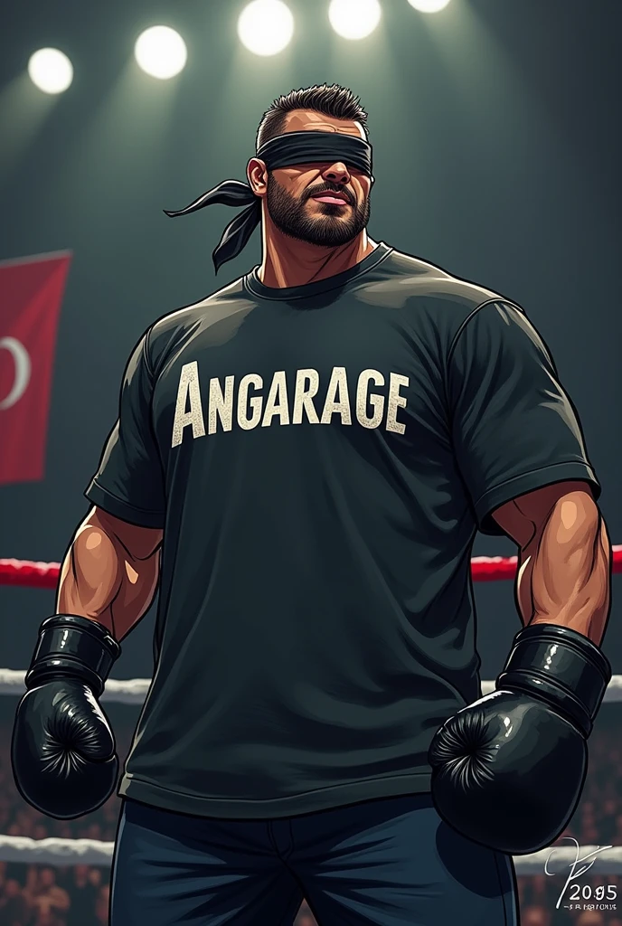 Boxer with black gloves and black bandana,,oversize tshirt,angarage text on tshirt,angarage text,turkish flag on wall,in ring,dark with light,manga