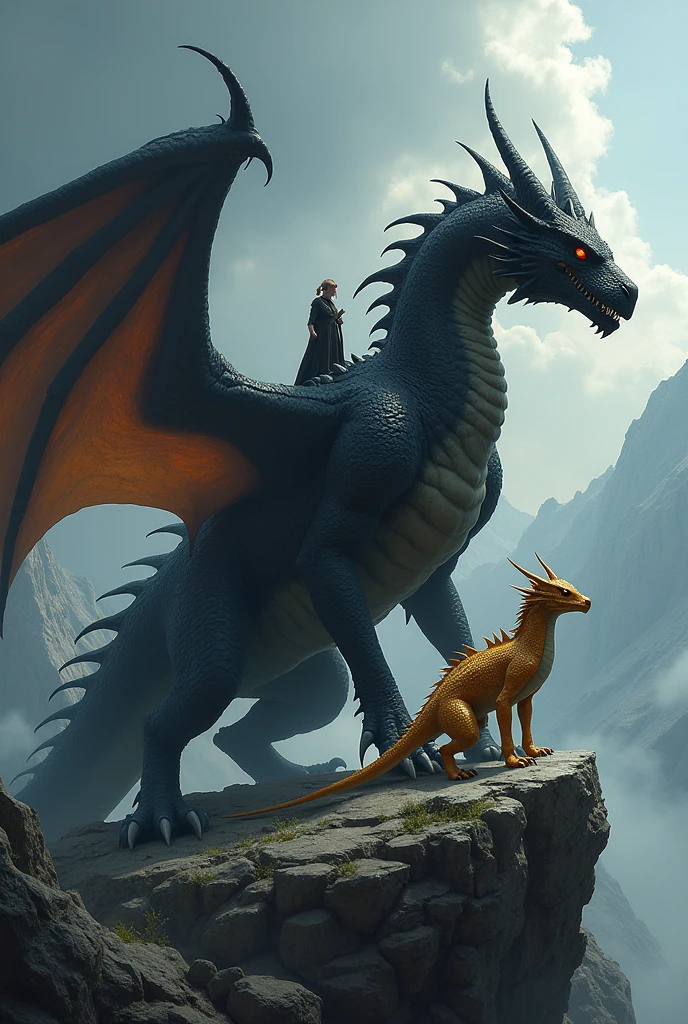 Create a realistic and epic image of two dragons of different sizes. The larger dragon is a massive, black dragon with sharp, prickly scales, large, menacing horns and glowing, orange eyes. It sits on a rocky outcrop, and a human figure sits confidently on his back. The smaller dragon stands next to him, with a golden or bronze scale color and smaller, but equally sharp horns. Both dragons are located in a dramatic mountain landscape, with a gloomy sky in the background, which is covered by clouds. The scene should exude a majestic yet threatening atmosphere, with a strong contrast between the dark, large Drachen und dem kleineren, brighter dragon. The rocky outcrop, on which they stand, is rough and marked by scratches and stone chips, which underlines the power and size of the dragons.