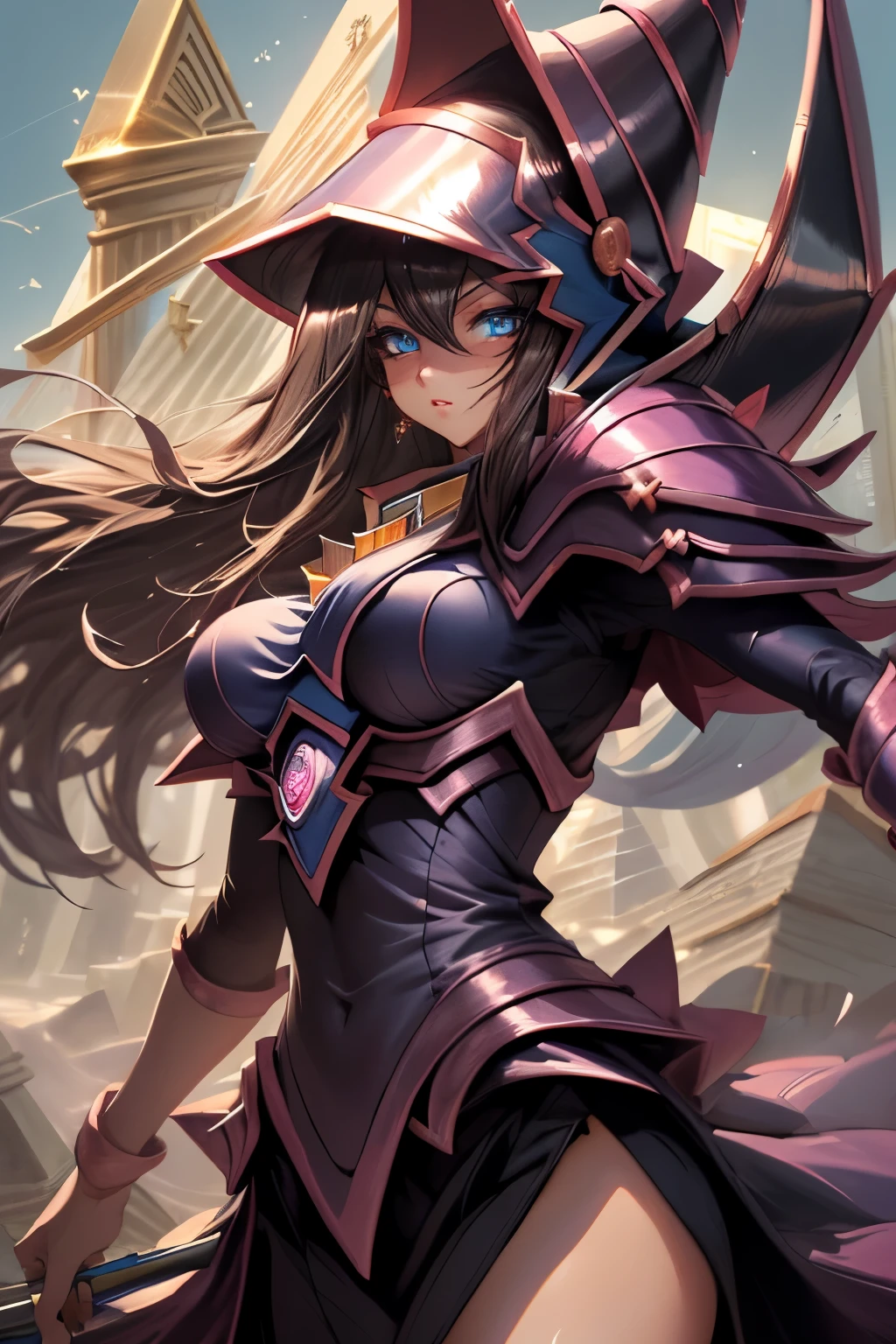 (masterpiece), (dark magician girl), (long hair, dark hair), (detailed eyes), (blue eyes), (detailed face), (perfect body), (big breasts), (coquettish), (pyramid background), (high quality), (4k), (ultra high quality), award winning ai art