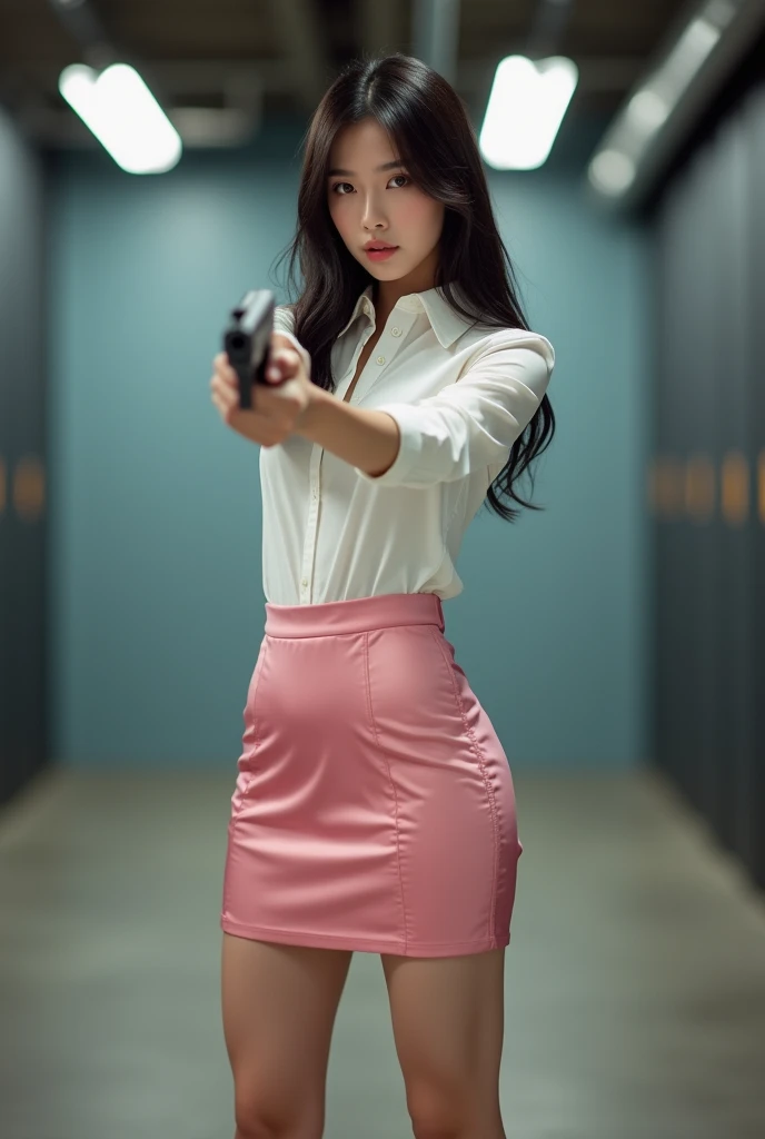 real person realistic beautiful korean office lady white shirt tight mini skirt satin pink colour stance legs open spreading arms straighten full portrait gun sexy legs aiming target practice pointing at you firing indoor shooting range