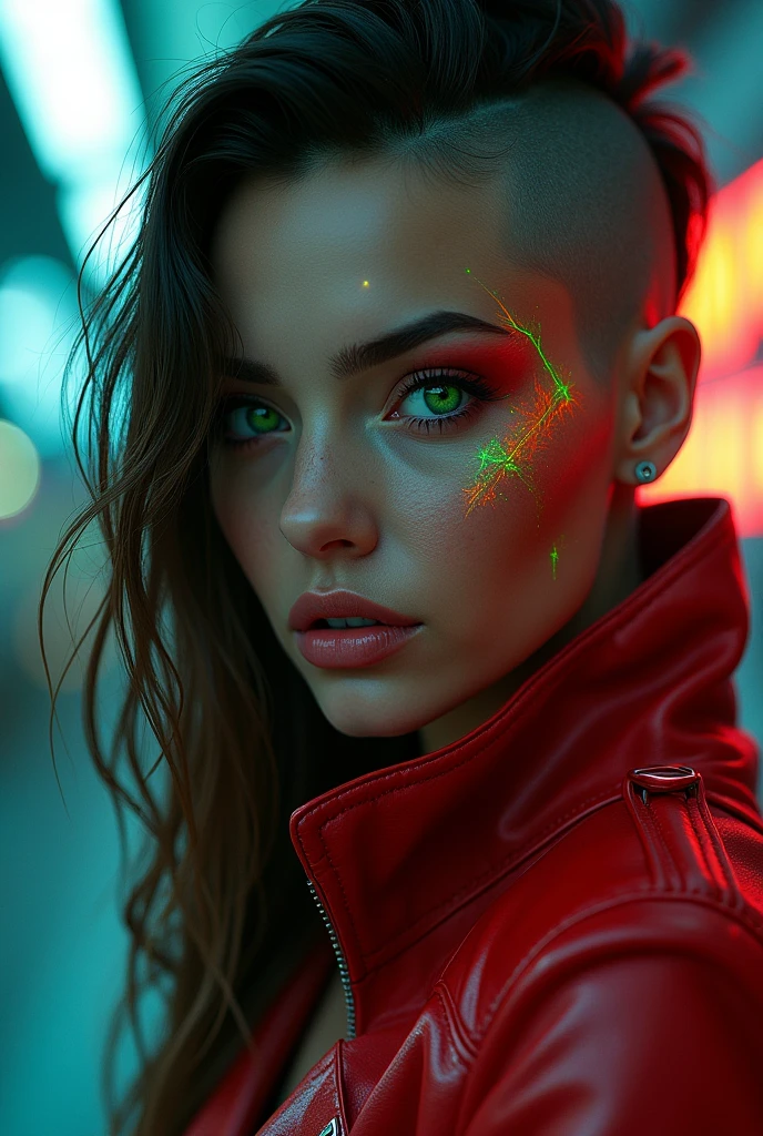 A hyper-realistic three-quarter view in 8K of a beautiful green-eyed woman with a fluorescent tattoo on her face, Cyberpunk art inspired by Rossdraws, Trends bei cgsociety, digital art, Cyberpunk art style, Cyberpunk Vibrant Colors, cyberpunk artstyle, Beautiful cyberpunk girl face, cyberpunk style color, cyberpunk digital art, Cyberpunk Portrait, cyberpunk digital painting, hyper-realistic cyberpunk style, Cyberpunk angry beautiful goddess with long hair, which are shaved on the side, deep porcelain skin. Looking straight ahead, She wears a red leather jacket. Soft lighting. Few details,