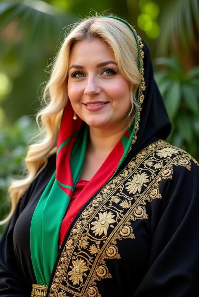 Close up, woman, plump, blonde, wearing, black Algerian caftan, decorated with gold threads, with colorful scarf in the colors of the Algerian flag white, green and red crescent and star, green natural background,
