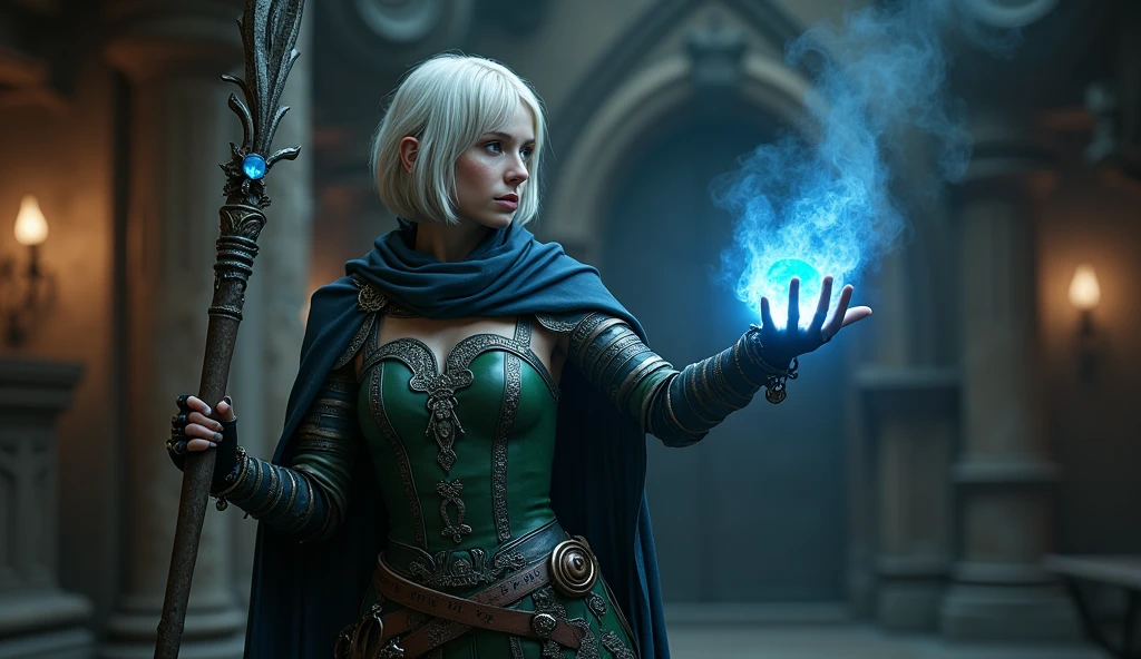 Ultra Photorealistic, Extremely Detailed, 4K UHD, Aerial side view Cinematic Key Frame of a dark, dimly lit medieval tavern, featuring a beautiful, elegant Female Sorceress casting an Arcane spell. She has short straight platinum blonde hair, Hazel Green eyes, wearing intricate green leather armor and pauldrons engraved with silver runes, a dark blue hooded cloak with silver Celtic knotwork, high black leather boots, pouches, black leather straps, scroll pouches on her waist, daggers, and a wizard's staff with a cobalt blue gem glowing and radiating dark blue and silver fire, many magical rings on her fingers and jewelry, broaches, charms, necklaces, with emphasis on the intricate details of her staff and armor.