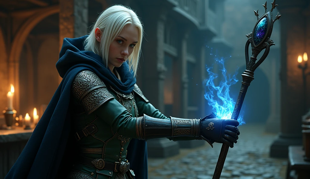Ultra Photorealistic, Extremely Detailed, 4K UHD, Aerial side view Cinematic Key Frame of a dark, dimly lit medieval tavern, featuring a beautiful, elegant Female Sorceress casting an Arcane spell. She has short straight platinum blonde hair, Hazel Green eyes, wearing intricate green leather armor and pauldrons engraved with silver runes, a dark blue hooded cloak with silver Celtic knotwork, high black leather boots, pouches, black leather straps, scroll pouches on her waist, daggers, and a wizard's staff with a cobalt blue gem glowing and radiating dark blue and silver fire, many magical rings on her fingers and jewelry, broaches, charms, necklaces, with emphasis on the intricate details of her staff and armor.