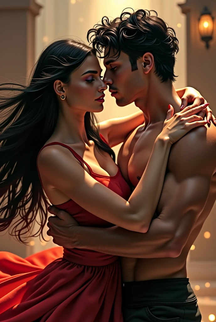 woman, 26 years, long black hair, blood red lips, green eyes, dancing intensly with a muscular young man with blue eyes and dark hair