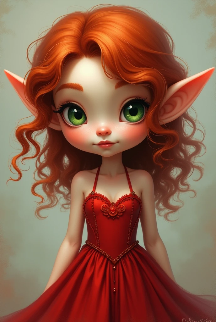 good quality, long dress without neckline, red curly hair, cute elf girl, green eyes